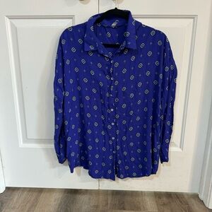 Free People Royal Blue Pattered Long Sleeve Blouse Size S